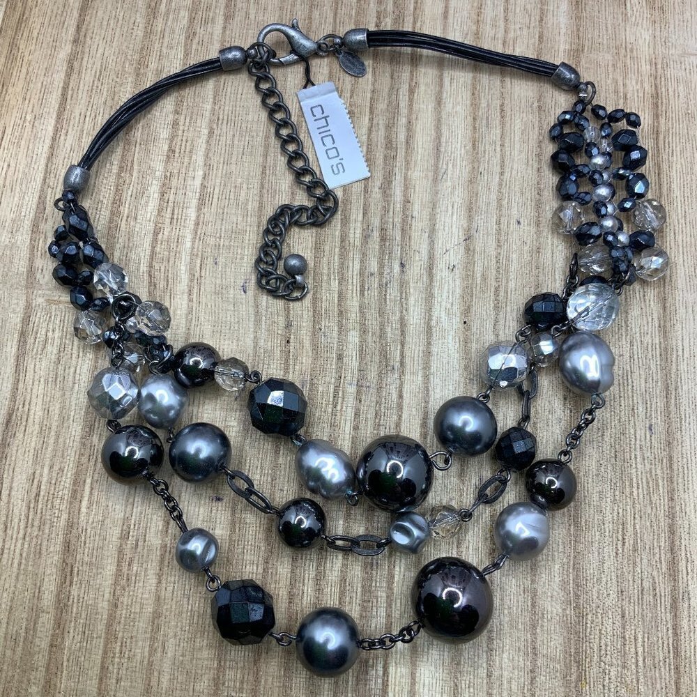 Chico's NWT "Pamela" Black & Silver Beaded Multi Strands Necklace